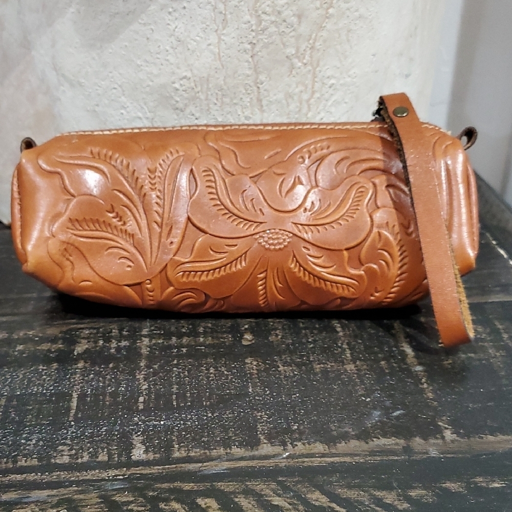 Patricia Nash Floral Embossed Brown Leather Wristlet Western Boho Travel Artisan